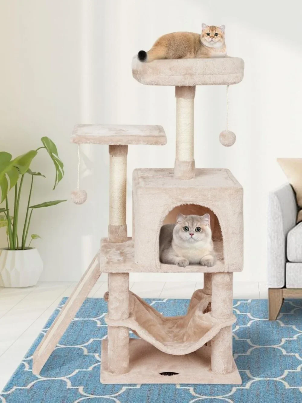 Cozy Cat Tree Tower with Hammock & Scratching Post for Kittens - Beige Condo